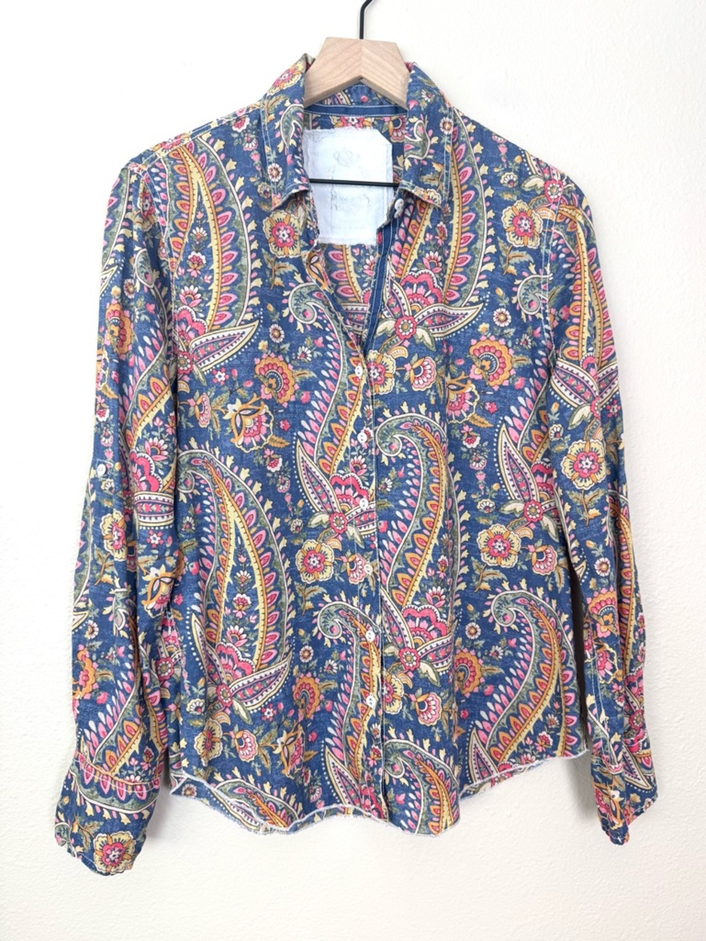 Cino Paisley Floral Blue Pink Orange Button Up Shirt 100% Cotton Size Medium